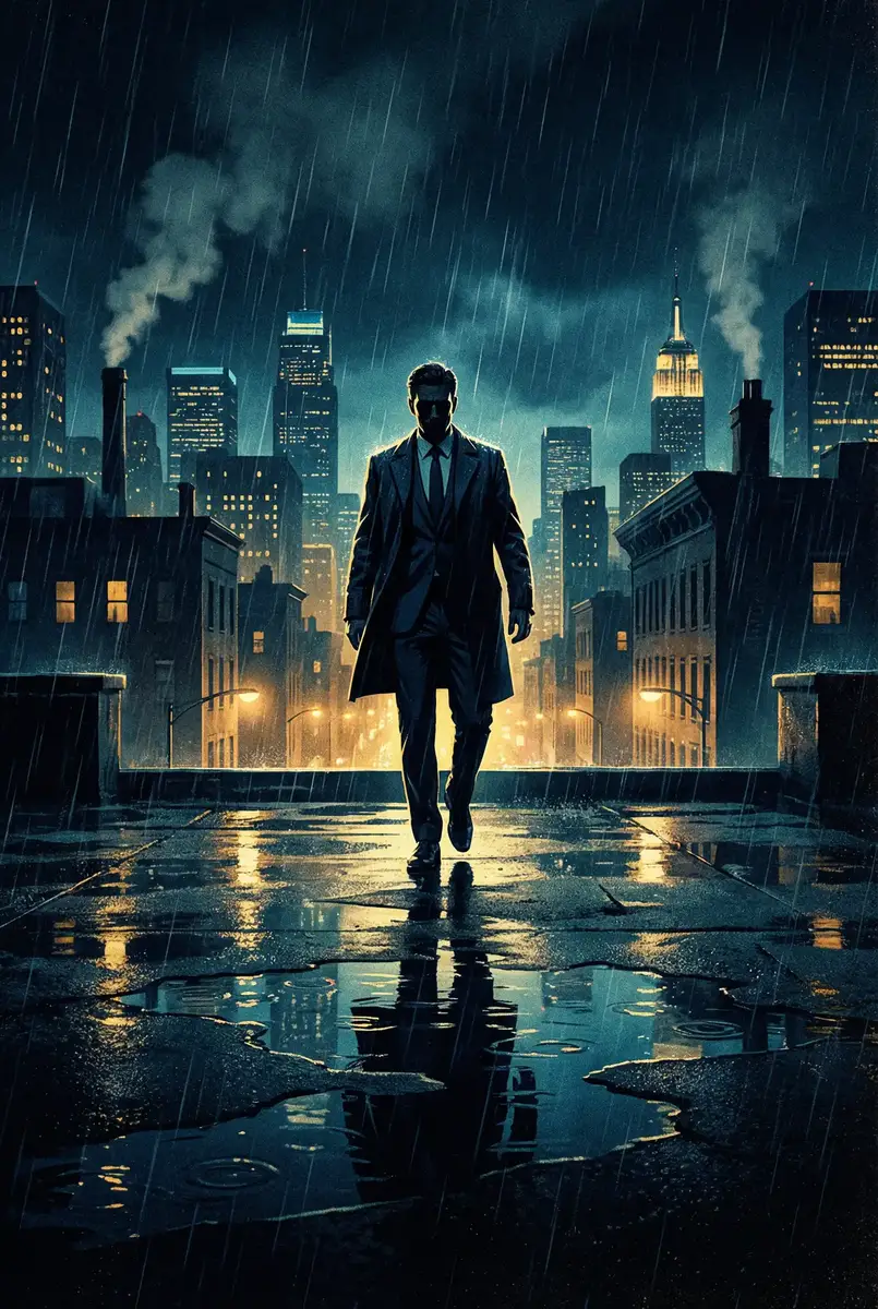 核桃战略 出品影片《雨夜独行者》海报，雨中城市屋顶男性剪影